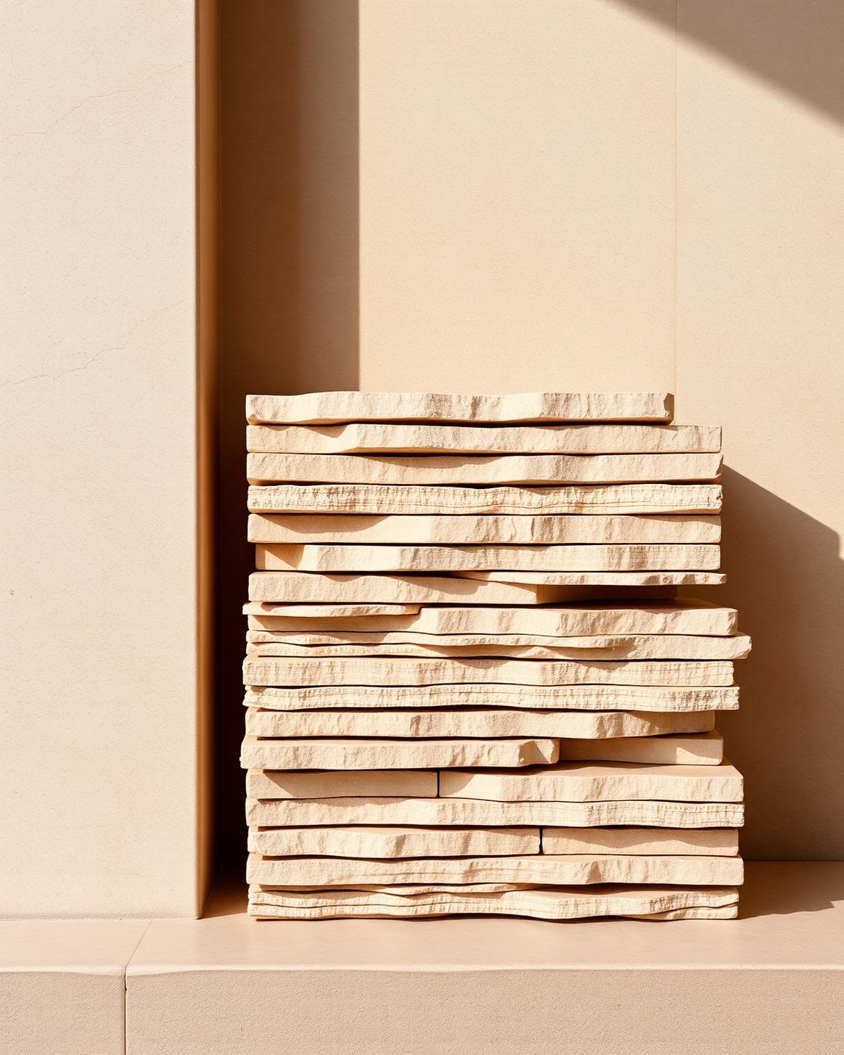 Stack of honed travertine field tiles against an alabaster wall